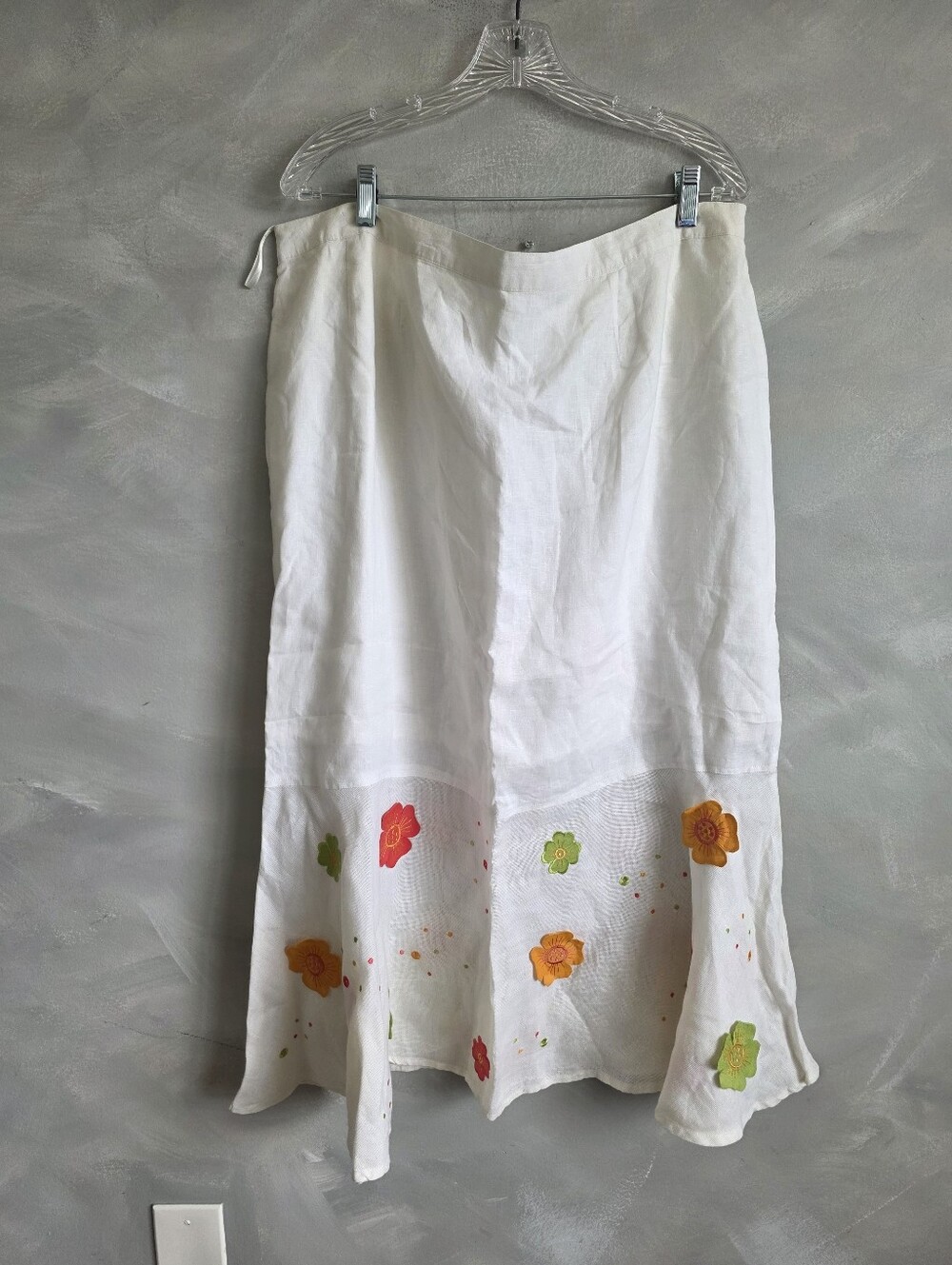 Vtg JSong Collection 100% Linen Floral Applique Midi Skirt White Size 20 Plus